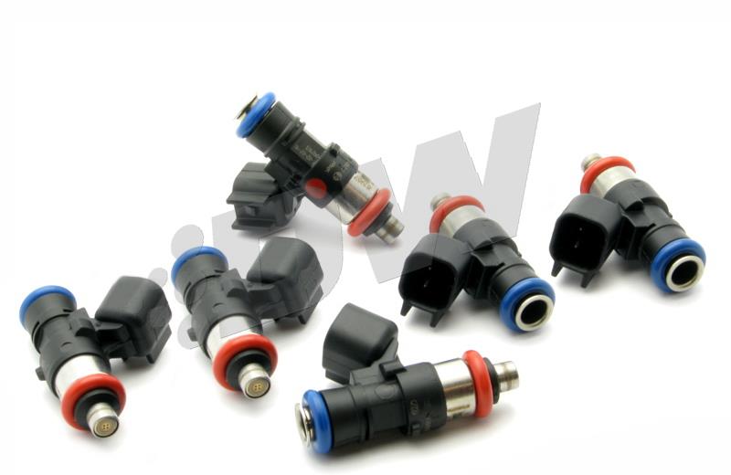 Six fuel injectors in black plastic with red and blue O-rings, featuring metal tips and electrical connectors, designed for DeatschWerks 550cc applications in Mustang V6 and Wrangler 3.6L V6.