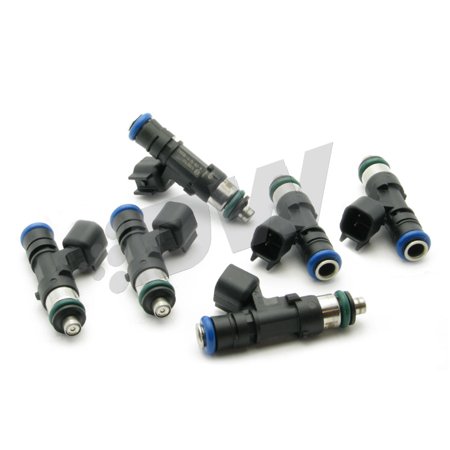 Six fuel injectors with black plastic bodies, green and blue accents, and a metal tip, designed for high-performance applications, labeled as DeatschWerks 1000cc/min.