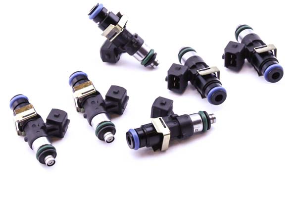 Six black and silver Bosch EV14 1500cc fuel injectors with blue and green O-rings, designed for 2001-2005 Porsche 911/996 H6 Turbo engines.