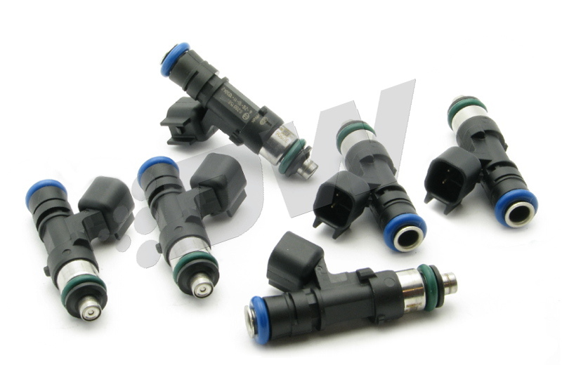 Six DeatschWerks fuel injectors in black plastic with blue and green accents, featuring a metal tip and connector, designed for universal fit and rated at 550cc.
