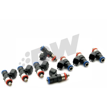 Set of DeatschWerks 440cc fuel injectors featuring black plastic bodies with red and blue accents, designed for LS3/LS7/L99 engines, showcasing multiple injectors in various orientations.