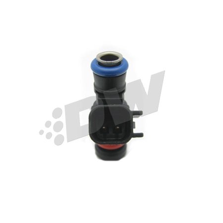 Black fuel injector with a blue and gray top, featuring a rectangular electrical connector and a red O-ring, designed for LS3/LS7/L99 engines, labeled DeatschWerks 550cc.