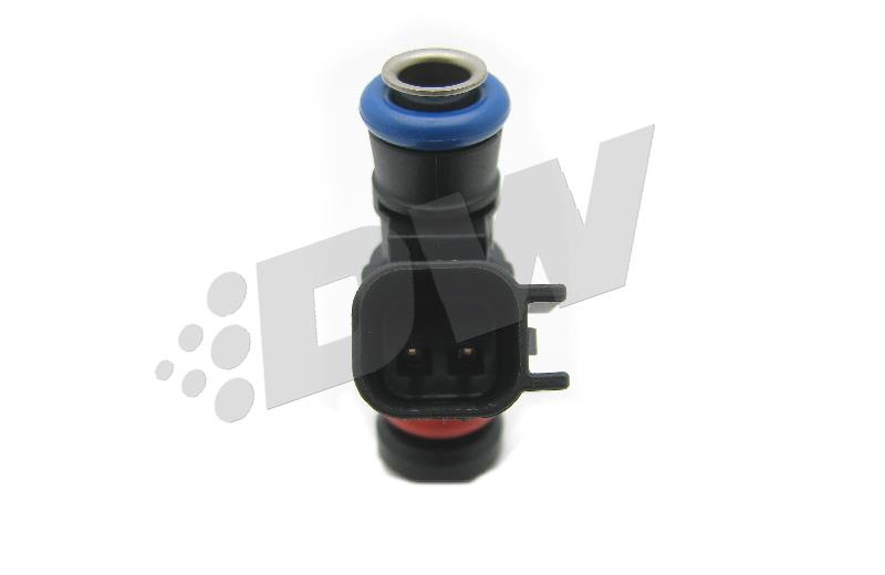 Black fuel injector with a blue and red O-ring, featuring a rectangular electrical connector at the base and a polished nozzle tip.