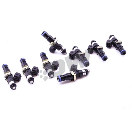 Eight black and blue Bosch Ev14 1500Cc fuel injectors with metal and plastic components, featuring a sleek design and precision engineering for high-performance applications.