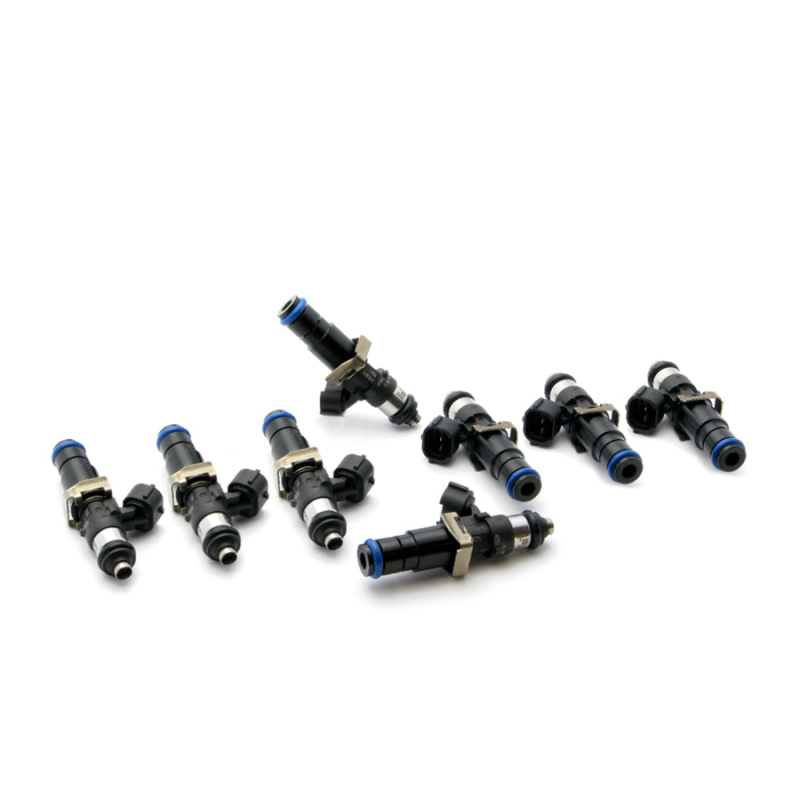 Eight DeatschWerks 2200Cc fuel injectors in black and blue, featuring a sleek design with metal and plastic components, specifically designed for CTS-V models from 2004 to 2005.