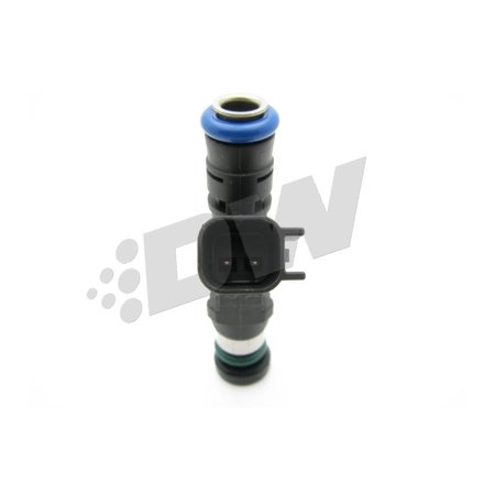 Black and gray fuel injector with a blue O-ring and a square electrical connector, designed for DeatschWerks 550cc applications in F-Series and Shelby GT350 vehicles.