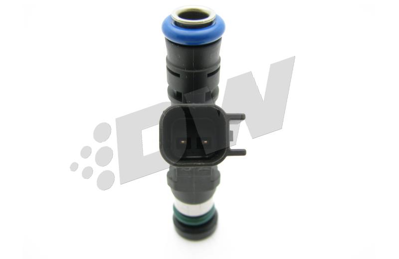DeatschWerks 18U-00-0060-8 fuel injector featuring a black and silver body, blue O-ring, and an electrical connector on top for easy installation.