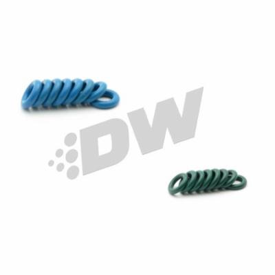 Two small fuel injector clips in blue and green rubber, featuring spiral designs, suitable for Dodge, Ford, and Ram vehicles, with the DeatschWerks logo in the background.
