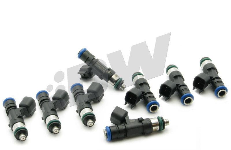 Set of 8 black Bosch EV14 fuel injectors with blue and green accents, featuring USCAR connectors and a sleek design for universal fitment, each rated at 50 lb/hr.