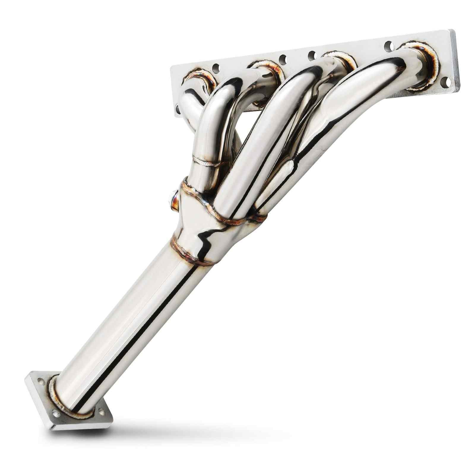 Shiny stainless steel decat exhaust manifold with multiple curved pipes and flanges, designed for BMW 1/3 Series E87 E90 E91 2.0 N46 models from 2004 to 2007.