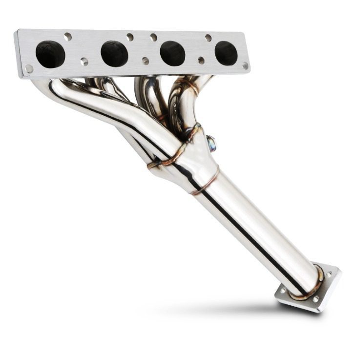 Stainless steel decat exhaust manifold for BMW 1 Series E81 E87, featuring a polished finish, four outlet ports, and smooth curves for enhanced airflow.