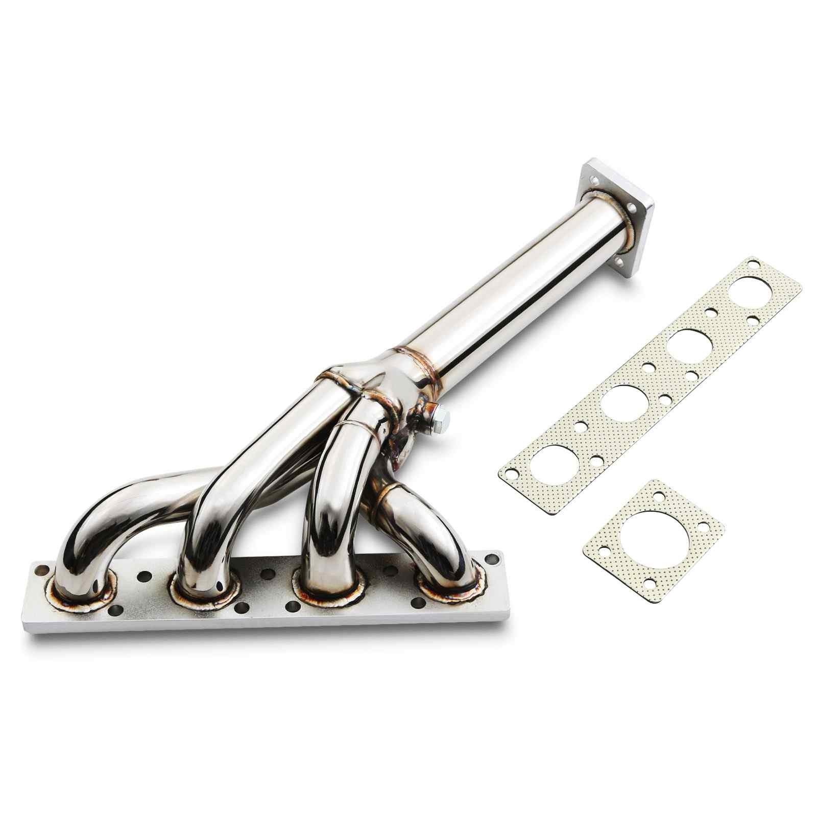 Shiny stainless steel decat exhaust manifold with four curved pipes and a flat flange, accompanied by a metal gasket, designed for BMW 3 Series E90 E91 318i 320i N46 models from 2005-2007.