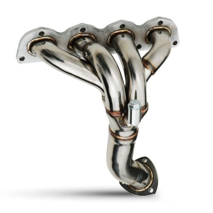 Polished stainless steel exhaust manifold with four pipes, featuring a flanged connection and welded joints, designed for Vauxhall Opel Astra Signum Vectra 1.8 models.