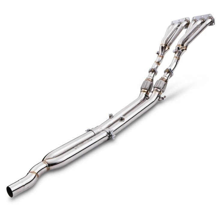 Polished stainless steel exhaust manifolds and downpipes designed for Volkswagen Golf MK5 R32 and Audi A3 8P, featuring a sleek, curved design with multiple pipes and a single outlet.