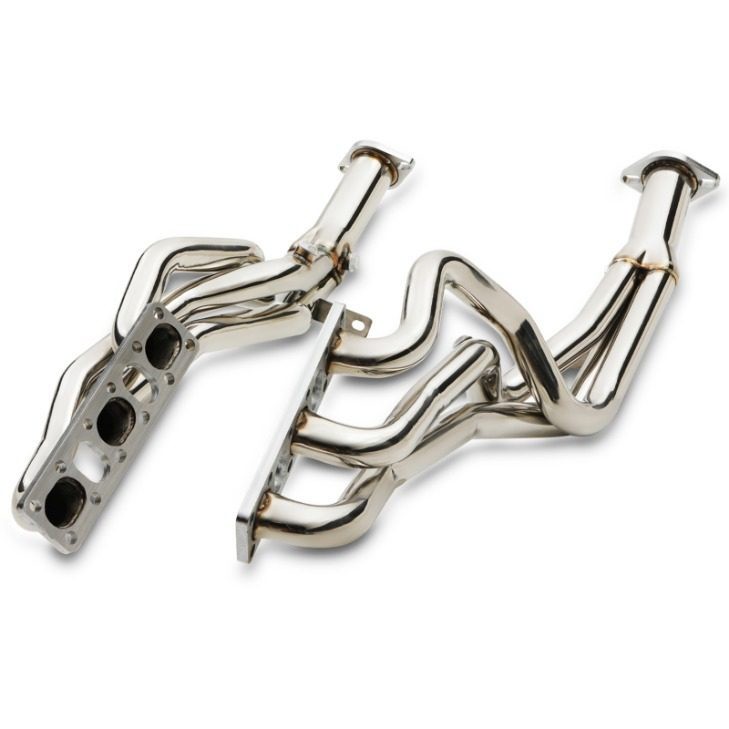Polished stainless steel exhaust manifolds designed for Nissan Fairlady Z33 350Z (2003-2006), featuring a sleek, curved design with multiple ports for enhanced airflow.