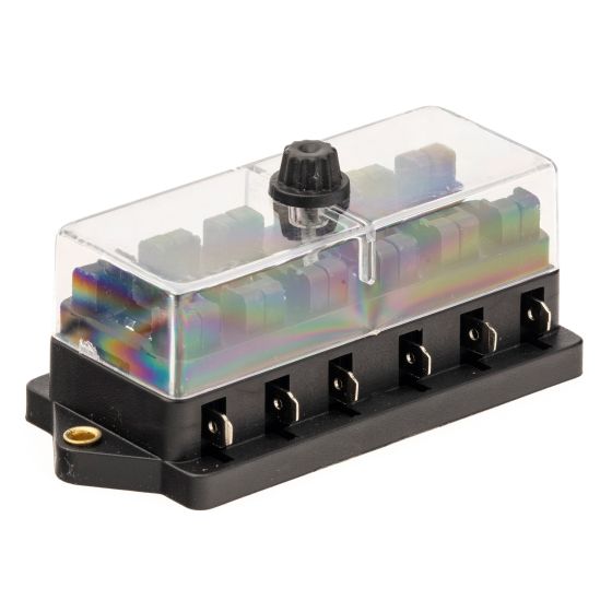 Auto bar fuse box with a transparent cover, featuring eight colorful fuses, a black plastic base, and a top-mounted screw for securing the cover.