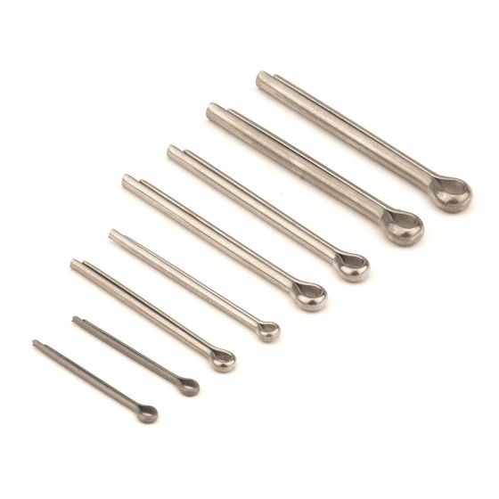 Assortment pack of silver cotter/split pins in various lengths, featuring a rounded end for secure fastening, made from durable metal.