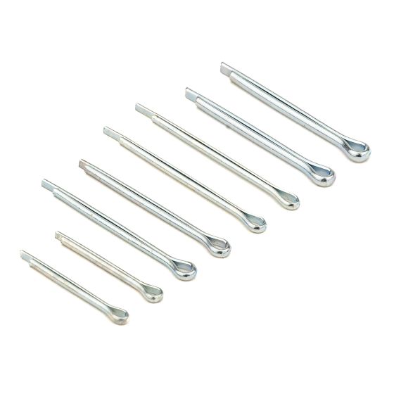 Stainless steel cotter/split pin assortment in silver, featuring various lengths and sizes, arranged in a neat row on a white background.