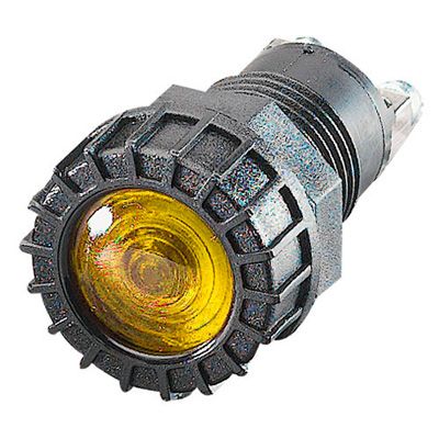 Amber dashboard warning light with a textured black plastic housing and a round lens, designed for automotive use by Demon Tweeks.