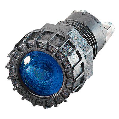 Blue dashboard warning light by Demon Tweeks, featuring a textured black plastic housing and a glossy blue lens, designed for automotive use.
