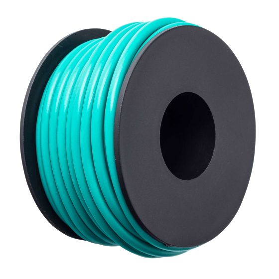Green 17 Amp electrical cable, approximately 3.5m in length, wound neatly on a black spool, showcasing its smooth, durable plastic insulation.