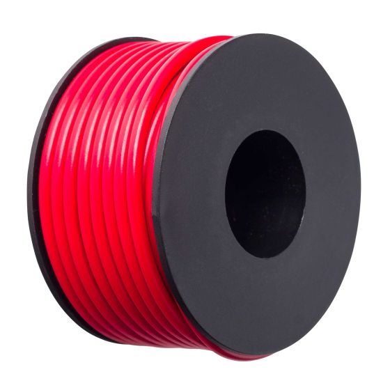 Red electrical cable on a black spool, approximately 3.5 meters long, rated for 17 amps, featuring smooth, durable insulation for reliable performance.