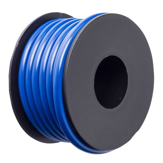 Blue electrical cable on a black spool, approximately 6 meters in length, rated for 8 amps, featuring smooth, durable insulation.