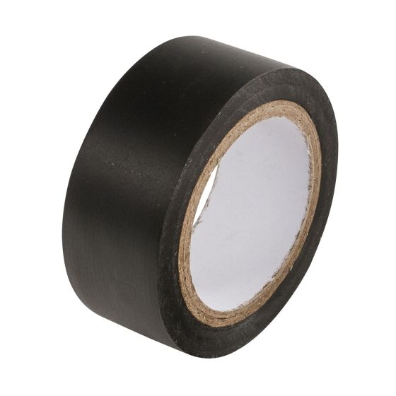 Black electrical insulating tape with a smooth finish, featuring a sturdy core and a matte surface, designed for safe electrical insulation and protection.