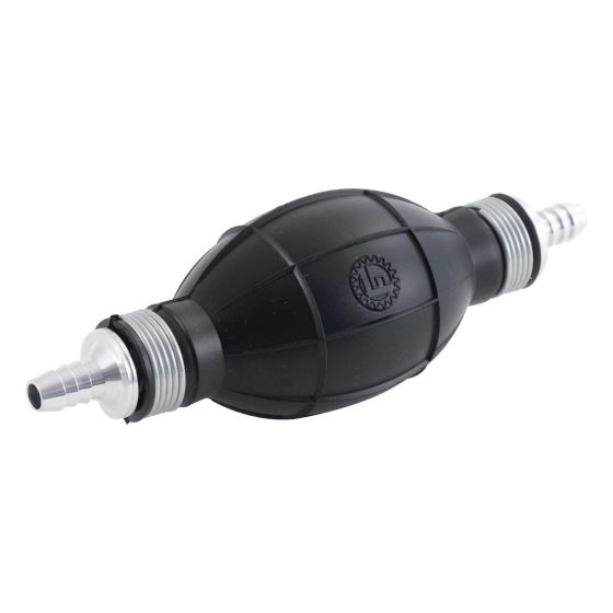 Black rubber hand primer pump with metal connectors on each end, featuring a textured surface and a circular logo in the center.