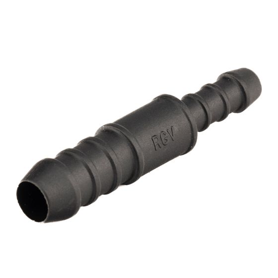 Black plastic hose joiner reducer, featuring an 8mm to 6mm size transition, with ribbed ends for secure fitting and a smooth central section marked with "RGV."