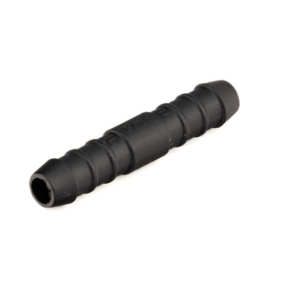 Black plastic hose joiner with a 6mm pipe diameter, featuring a smooth surface and no clips, designed for connecting hoses securely.