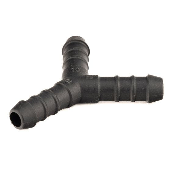 Black plastic Y-shaped hose joiner with a 6mm pipe diameter, featuring ribbed ends for secure fittings and no clips included.