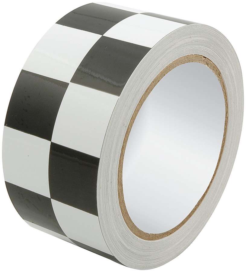 Checkered black and white racers tape, 2 inches wide and 45 feet long, featuring a glossy finish on a sturdy roll, ideal for automotive and racing applications.