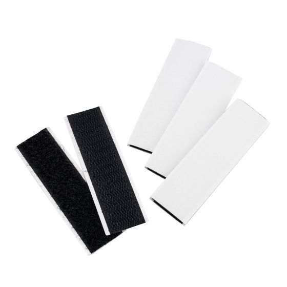 Self-adhesive hook and loop fastener strips in black and white, featuring a textured surface for secure attachment, ideal for various crafting and organizing needs.