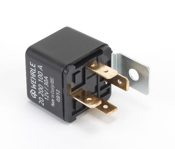 Black plastic relay with metal prongs and a mounting tab, labeled "Intermotor Relay 59016" and "20200 100A," featuring a compact rectangular design.
