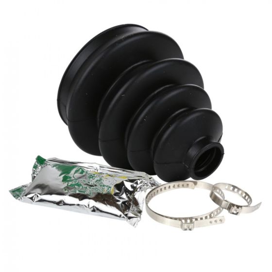 Black stretchy CV boot kit with a ribbed design, accompanied by two metal clamps and a small packet of grease, all designed for universal fitment.