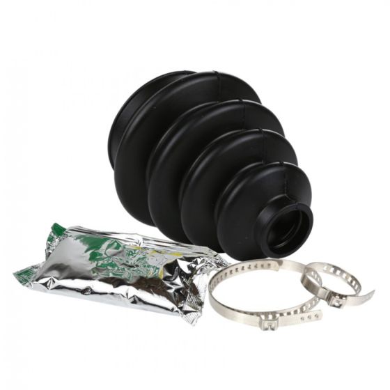 Black stretchy CV boot with multiple folds, accompanied by a packet of grease and two metal clamps for secure installation.
