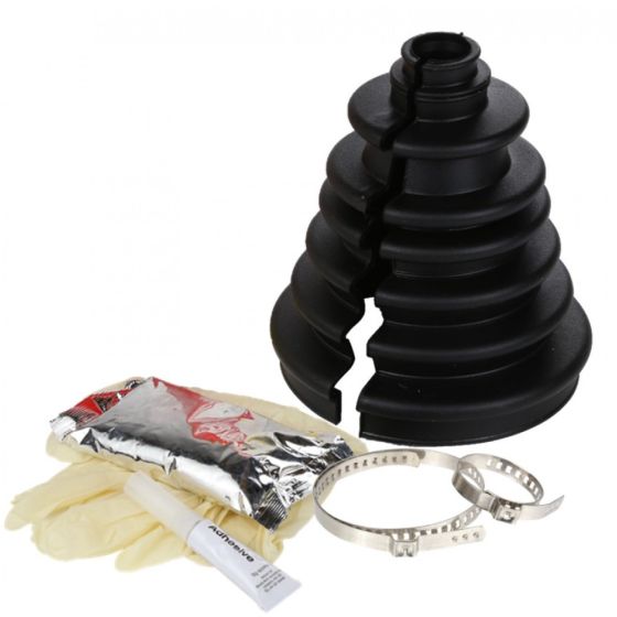 Black rubber gaiter boot with a ribbed design, accompanied by two metal clamps, a tube of adhesive, a packet, and a pair of yellow gloves.