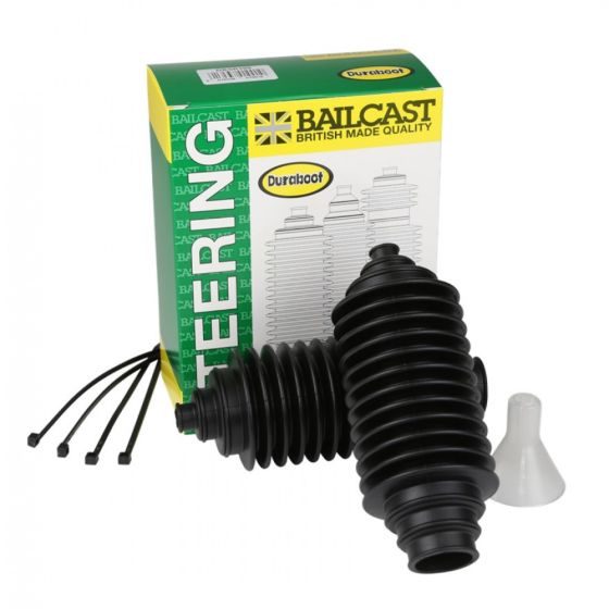 Black rubber steering rack boot kit with ribbed design, includes two boots, cable ties, and a funnel, packaged in a green and yellow box labeled "Bailcast."