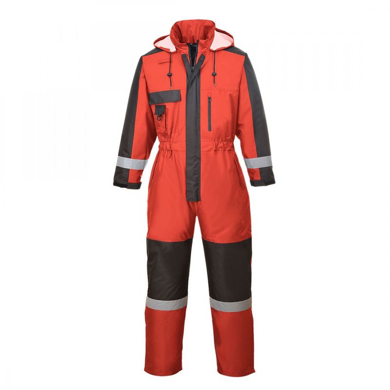Red waterproof winter coverall with black accents, featuring a high collar, adjustable hood, front zip, chest pocket, and reflective strips on sleeves and legs. Size L.