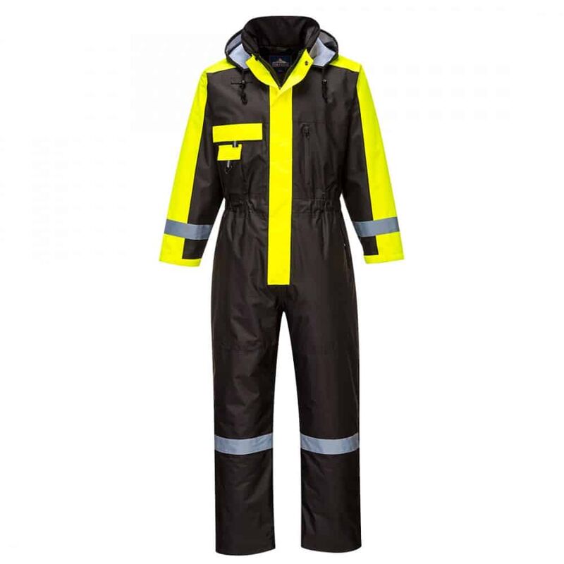 Black waterproof winter coverall with bright yellow reflective stripes, a front zip, and a hood, featuring a chest pocket and adjustable cuffs, size 2XL.