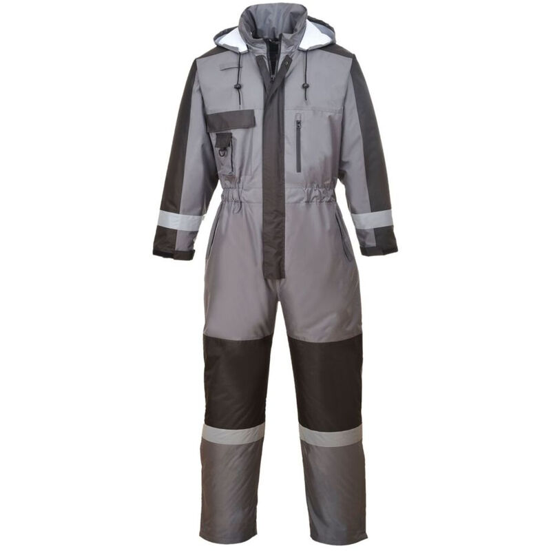 Grey waterproof winter coverall with a hood, zip front, multiple pockets, and reflective strips, designed for durability and warmth, available in size 2XL.