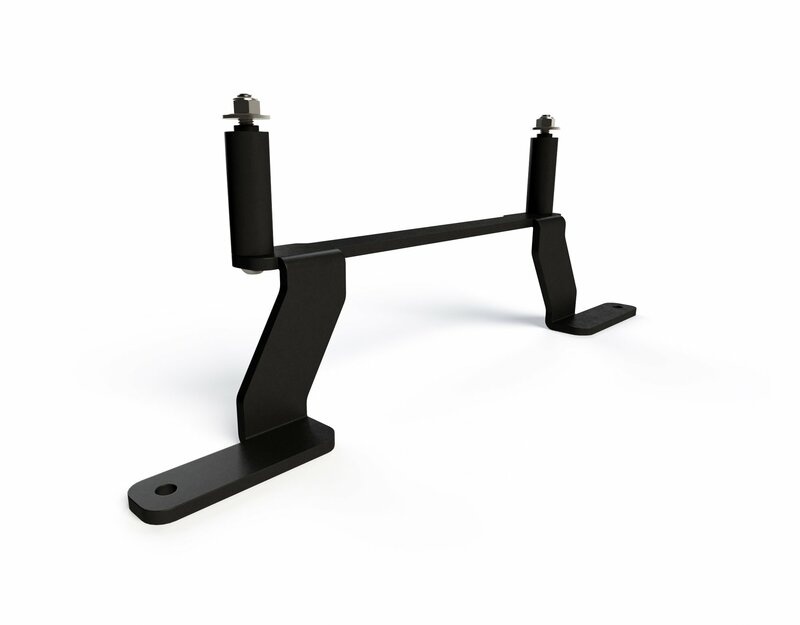 Black metal lighting mount for Denali BMW R1250GS, featuring sturdy brackets and adjustable components for secure installation.