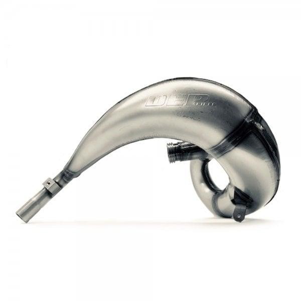 Silver metallic exhaust front pipe with a curved design, featuring the DEP logo, designed for Beta RR 250/300 models from 2018 to 2022.