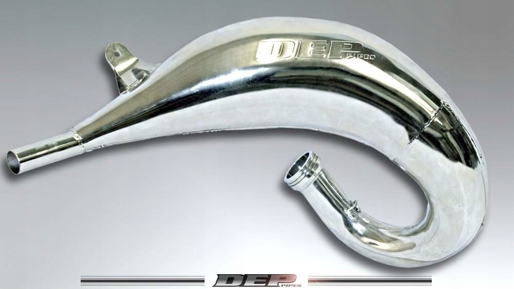 Shiny silver armoured exhaust front pipe for Honda CR250 (2005-2010) with DEP branding, featuring a curved design and smooth finish.
