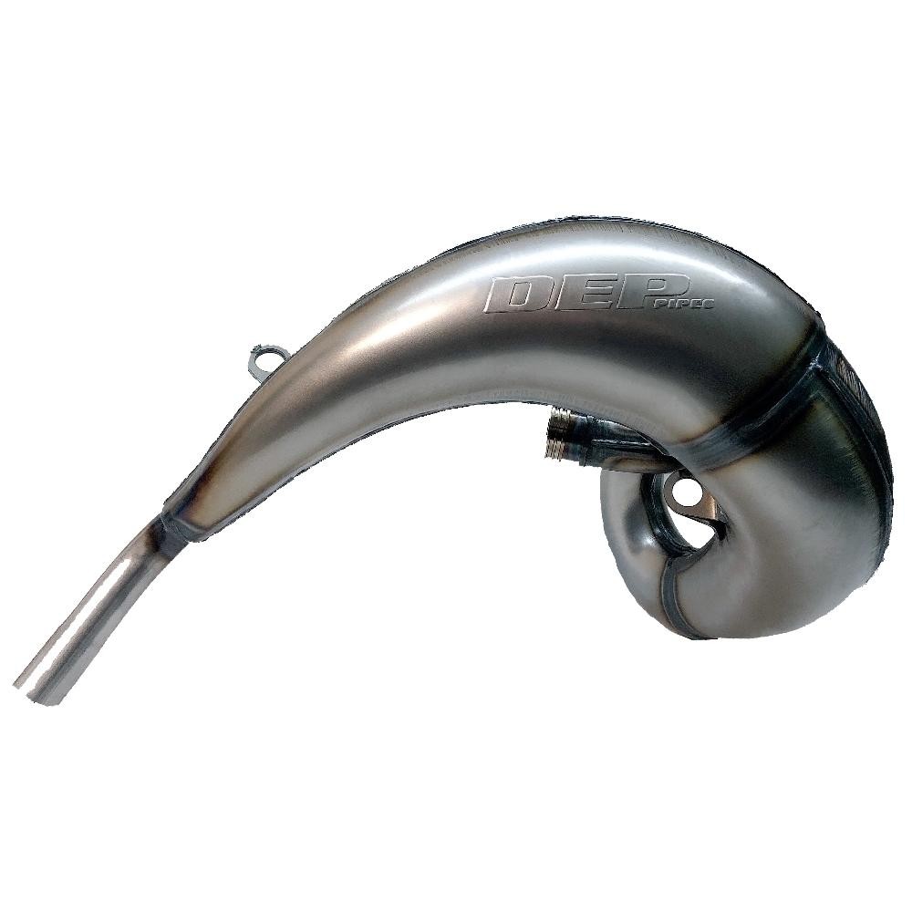 Shiny stainless steel exhaust front pipe with a curved design, featuring DEP branding, designed for KTM XC 250/300 and Husqvarna TX 250/300 models from 2019 onwards.