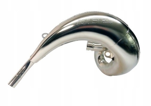 Shiny silver armoured exhaust front pipe with a curved design, featuring the DEP logo, designed for KTM XC 250/300 and Husqvarna TX 250/300 models from 2019 to 2021.