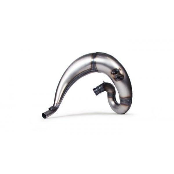 Silver metallic armoured exhaust front pipe with a curved design, featuring welded joints and a connection point for the Sherco SE 250 Factory 2018-19 and Race 2019-on models.
