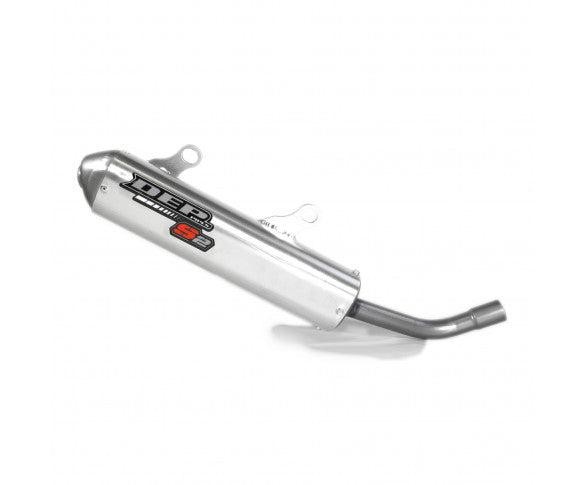 Silver metal exhaust silencer with a curved outlet, featuring a black and red DEP logo, designed for Husqvarna TC 250/300 models from 2023.