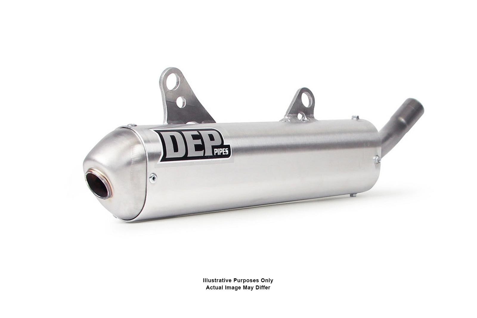 Silver aluminum exhaust silencer with a polished finish, featuring the "DEP" logo in black, designed for Yamaha YZ250 models from 2002 to 2021, with mounting brackets included.